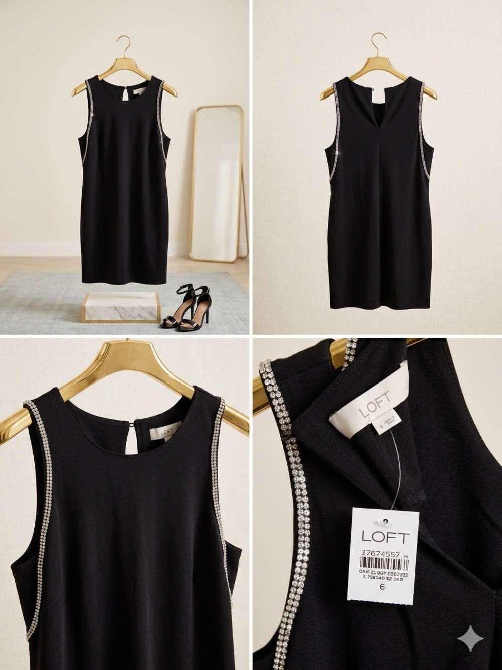 LOFT Black Sleeveless Shift Dress with Crystal Trim